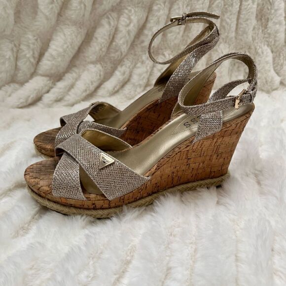 Guess Gold Metallic Wedge Sandals, Size 8 - Picture 2 of 7